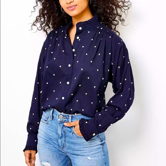 LOFT Tops - NWT | LOFT | Petite Heart Pattern Ruffle Trim Top